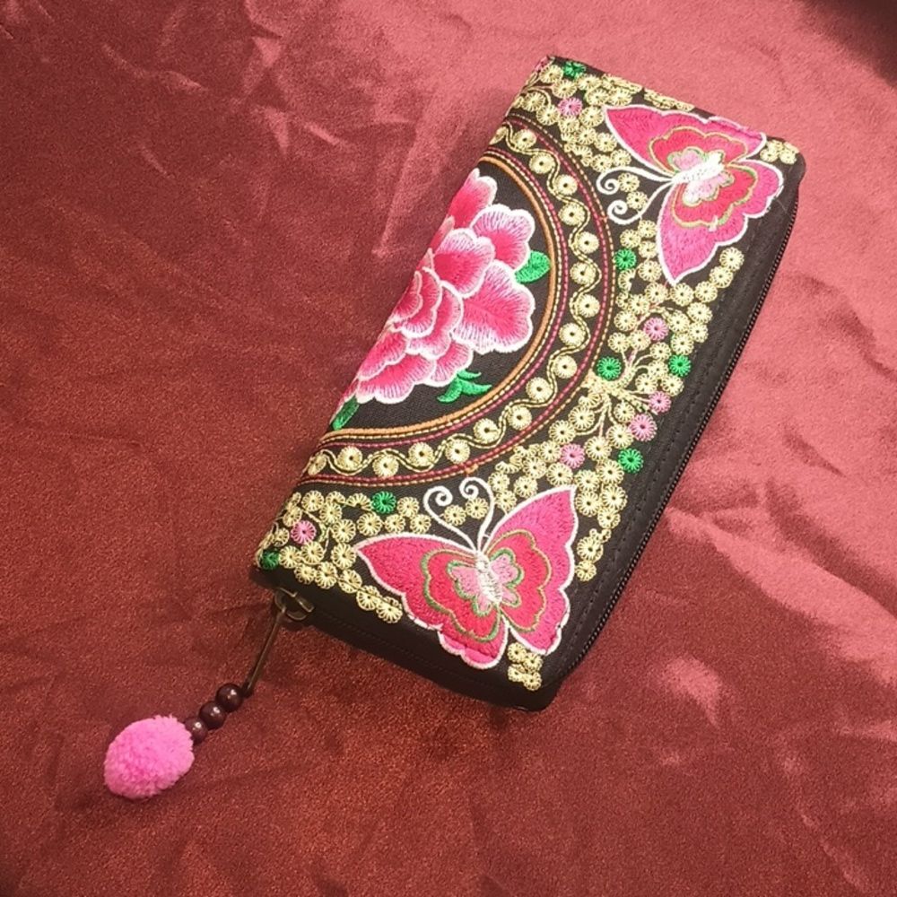 Embroidered Floral Butterfly Zip-Around Wallet Boho